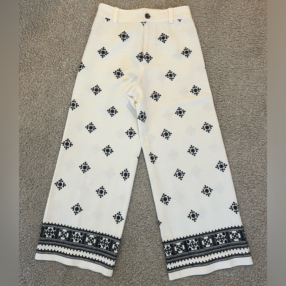 Zara Linen Embroidered Wide Leg Pants - XS